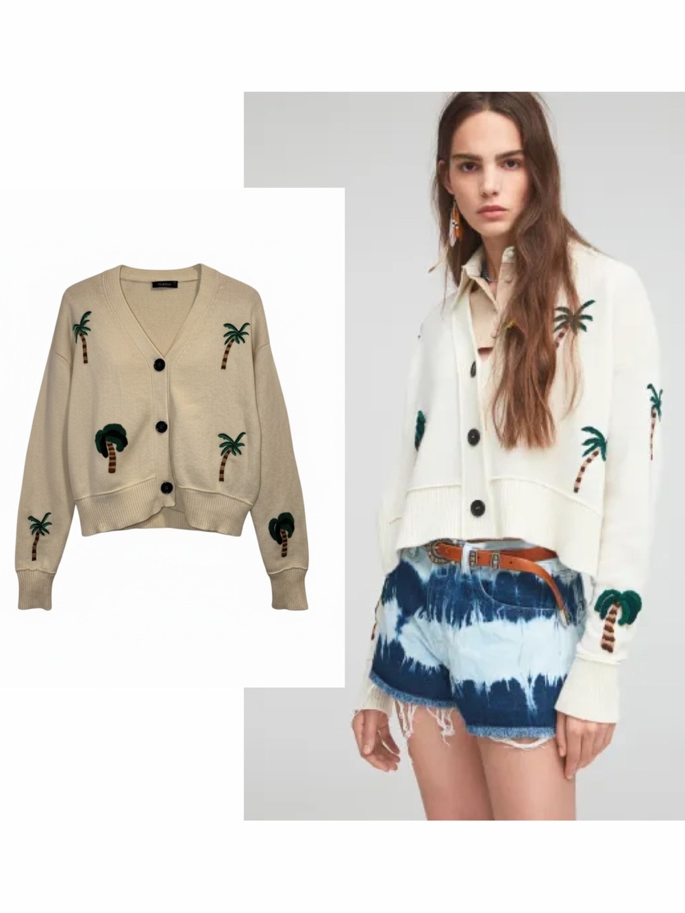 Alanui Cream Cashmere Cardigan Sweater Palm Tree Embroidered Large Tropical 🟡